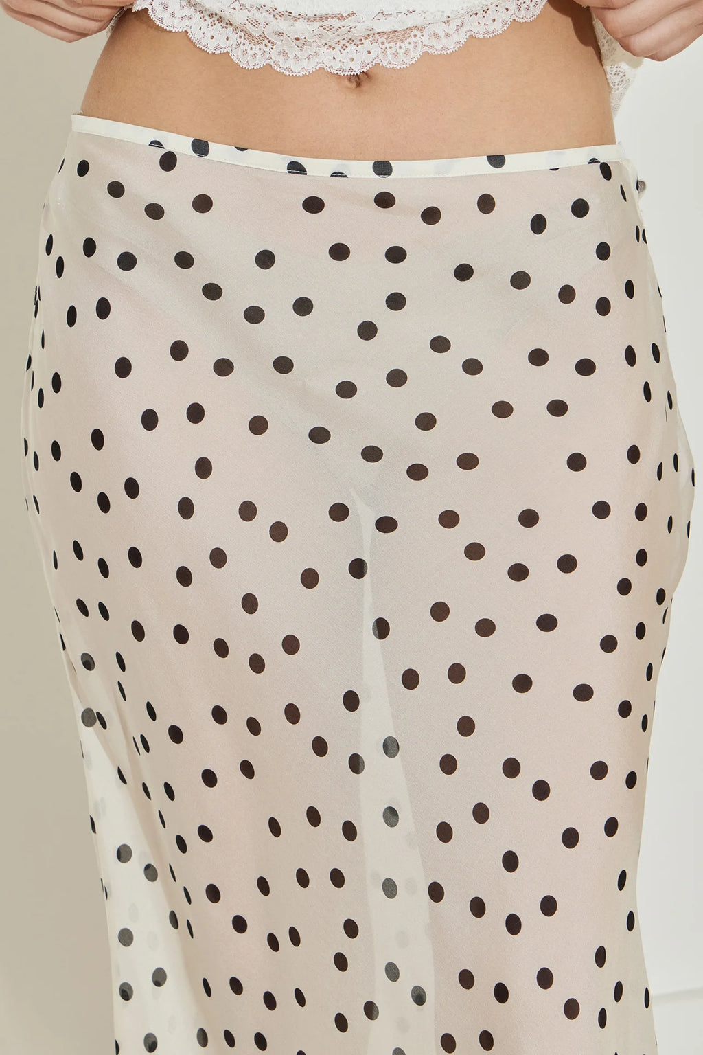 SILK CHIFFON MIDI SKIRT - CREAM & BLACK POLKA DOT