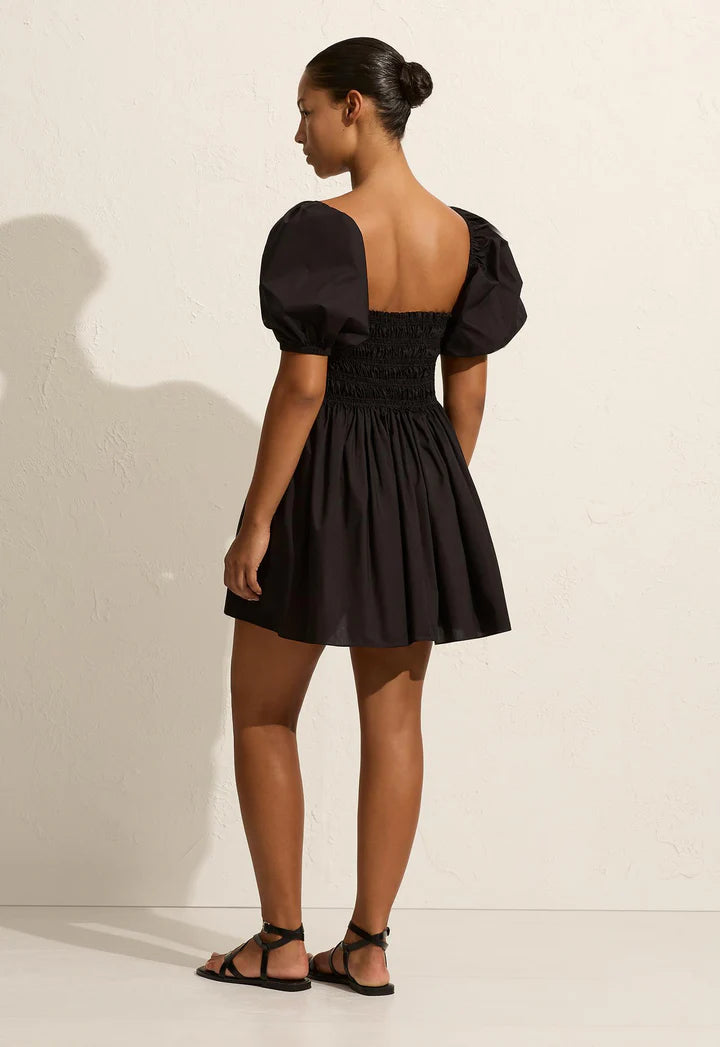 SHIRRED PEASANT MINI DRESS - BLACK