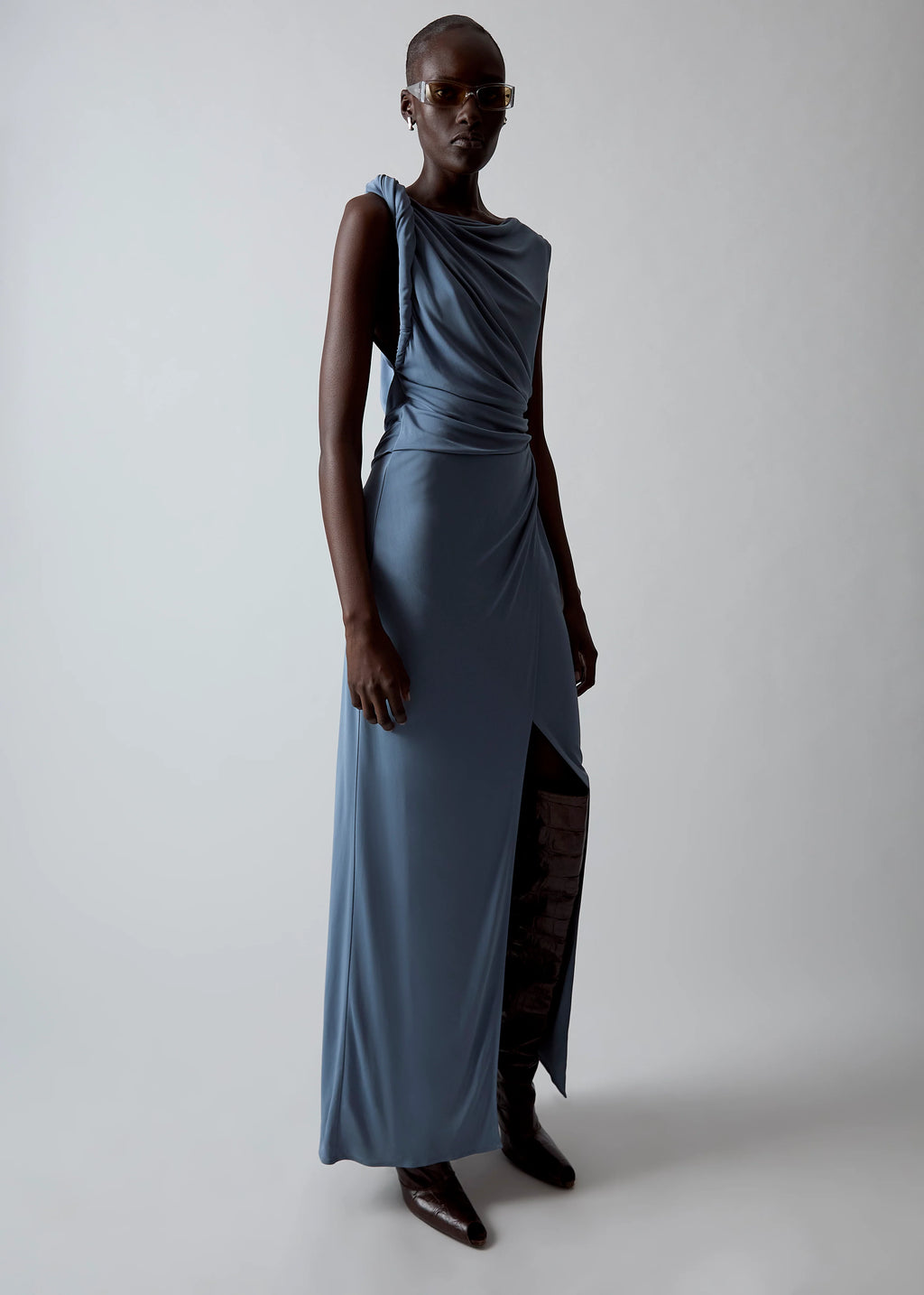 OLENNA TWIST LOW BACK GOWN - DUSTY BLUE