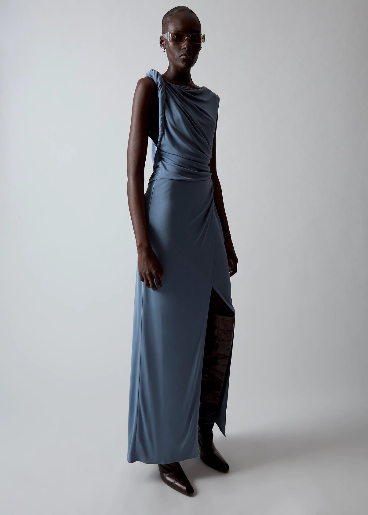 OLENNA TWIST LOW BACK GOWN - DUSTY BLUE