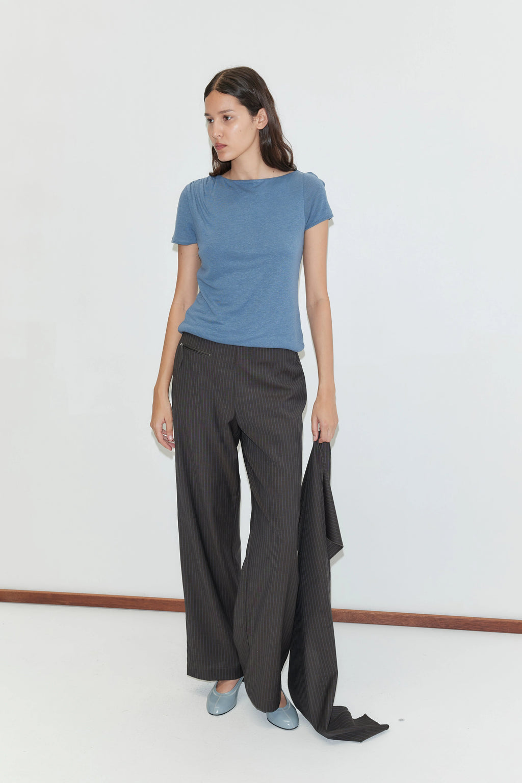 PURE WOOL ZIP PANT - CHARCOAL STRIPE