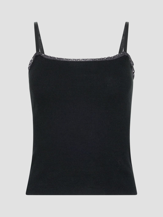LACE STRAP SOFT RIB TANK - BLACK