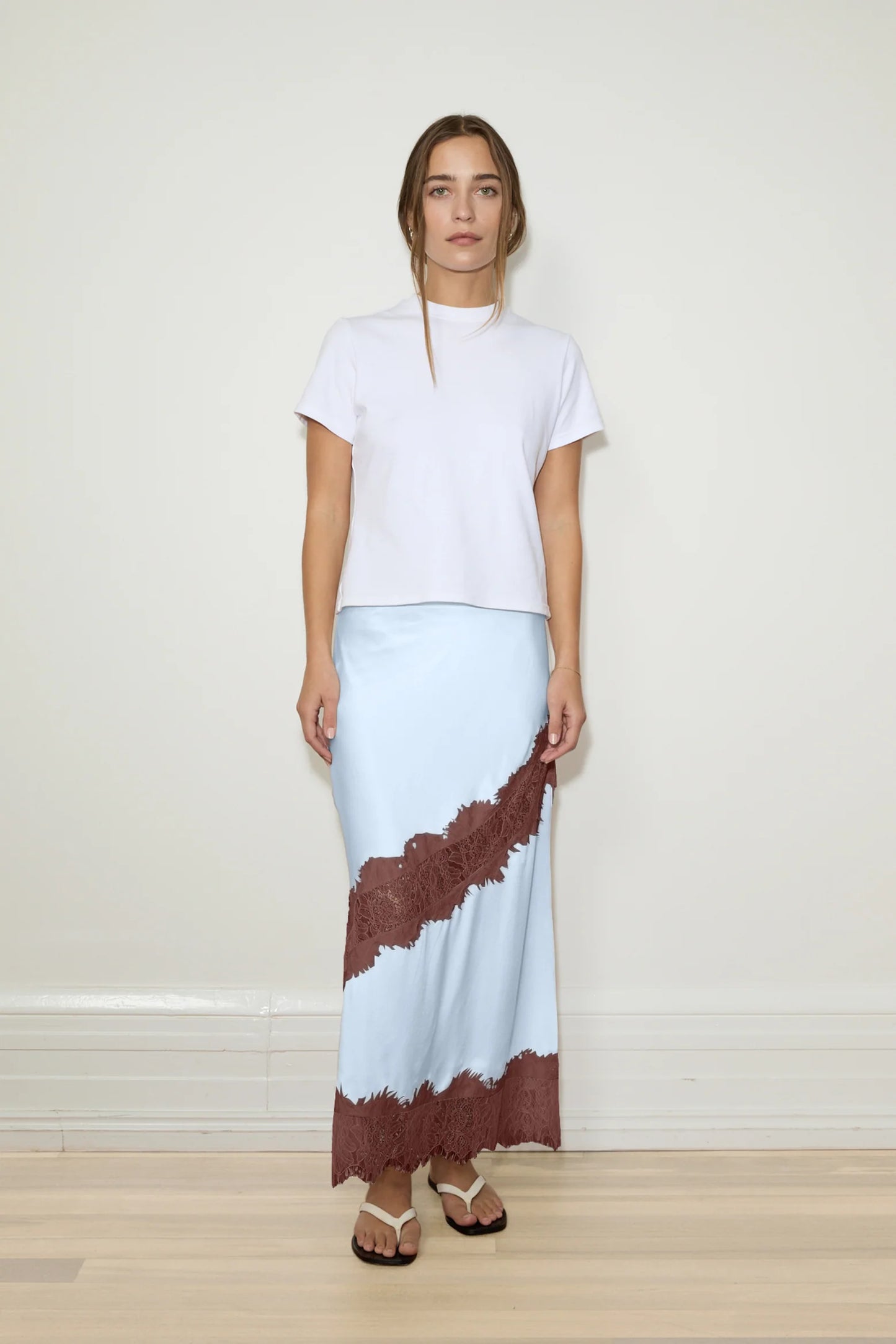 SILK LACE MIDI SKIRT - POWDER BLUE/CHOCOLATE