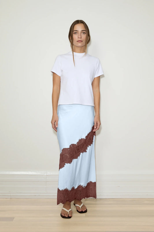 SILK LACE MIDI SKIRT - POWDER BLUE/CHOCOLATE