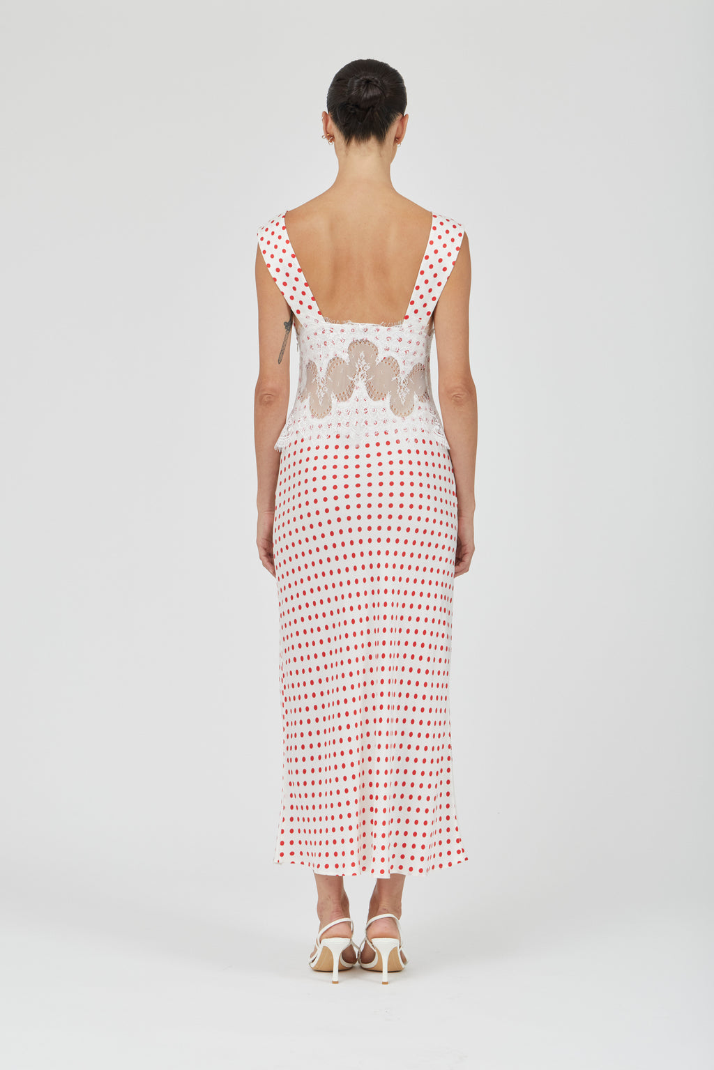 VISIONS LACE DEEP V MAXI DRESS - RED POLKA DOT