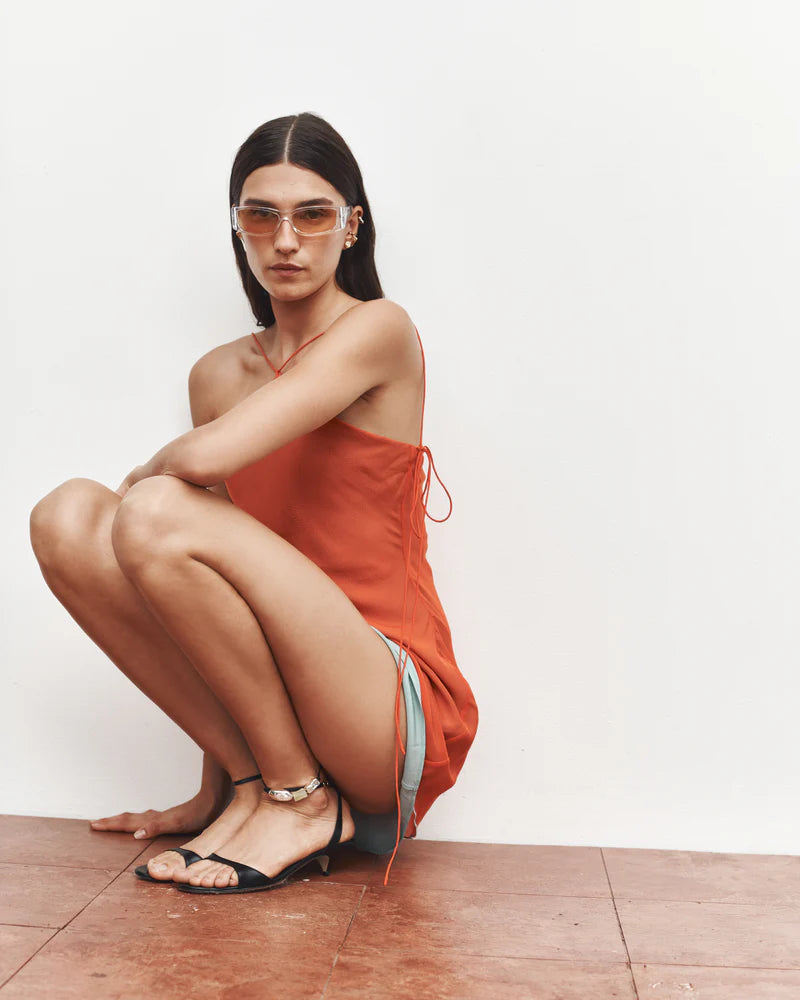 (PRE-ORDER) DANICA TIE MINI DRESS - TANGERINE SPLICE
