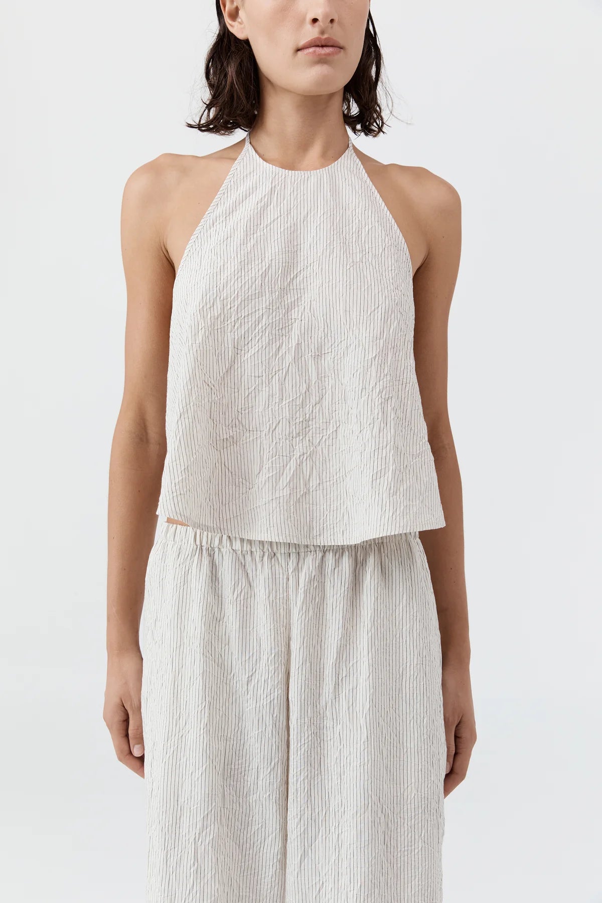 CRUSHED HALTER TOP - PETITE PINSTRIPE