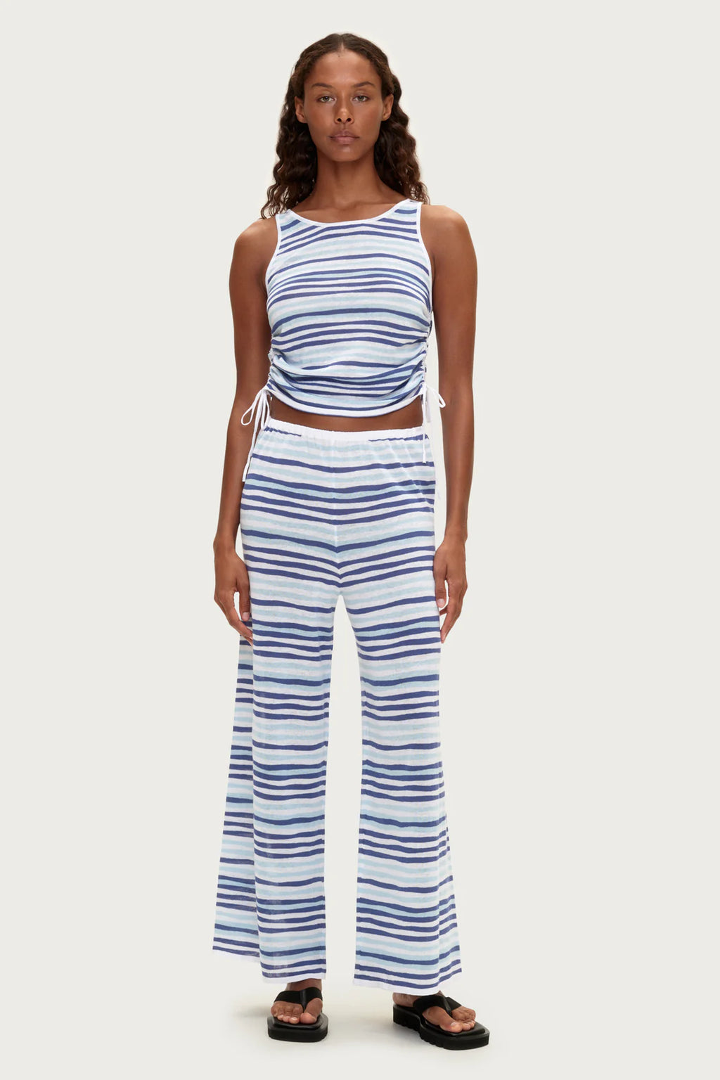 GATHERED KNIT TANK - BLUE STRIPE