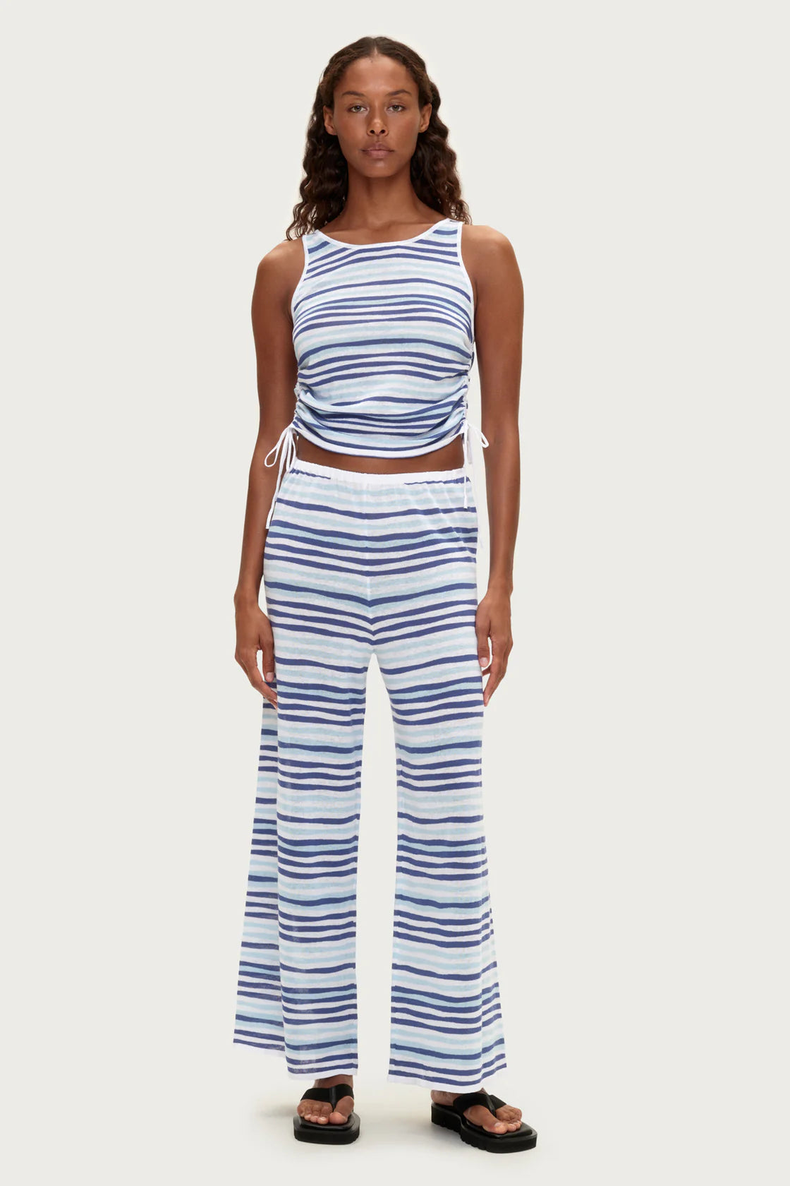 GATHERED KNIT TANK - BLUE STRIPE