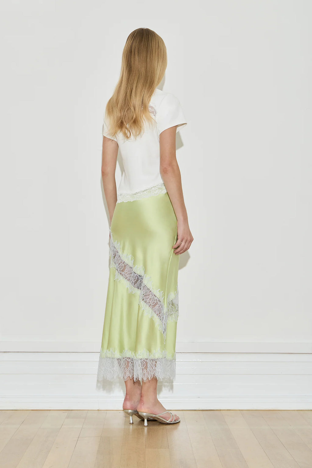 SILK LACE MIDI SKIRT - CHARTREUSE / SEA MOSS