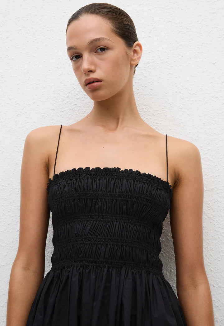 SHIRRED BODICE MINI DRESS - BLACK