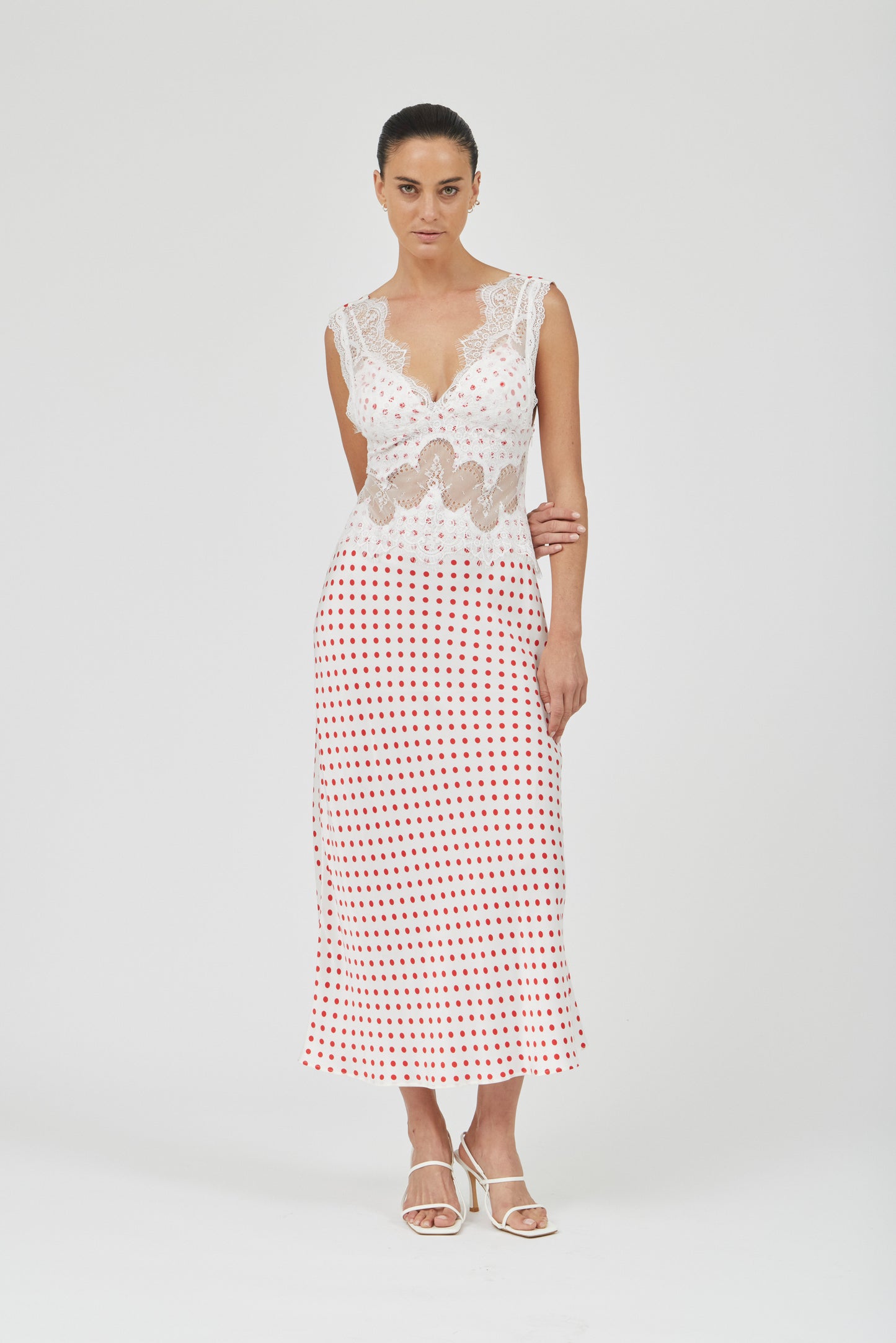 (PRE-ORDER) VISIONS LACE DEEP V MAXI DRESS - RED POLKA DOT