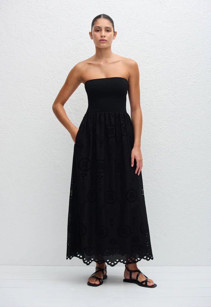 STRAPLESS KNIT AND BRODERIE DRESS - BLACK