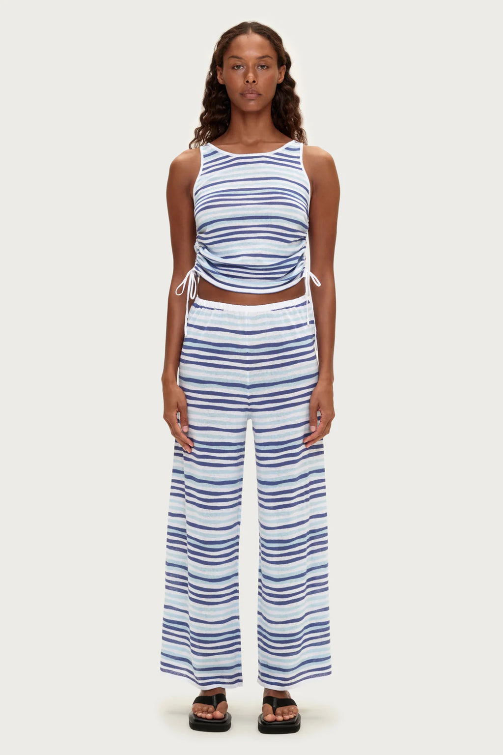 GATHERED KNIT TANK - BLUE STRIPE