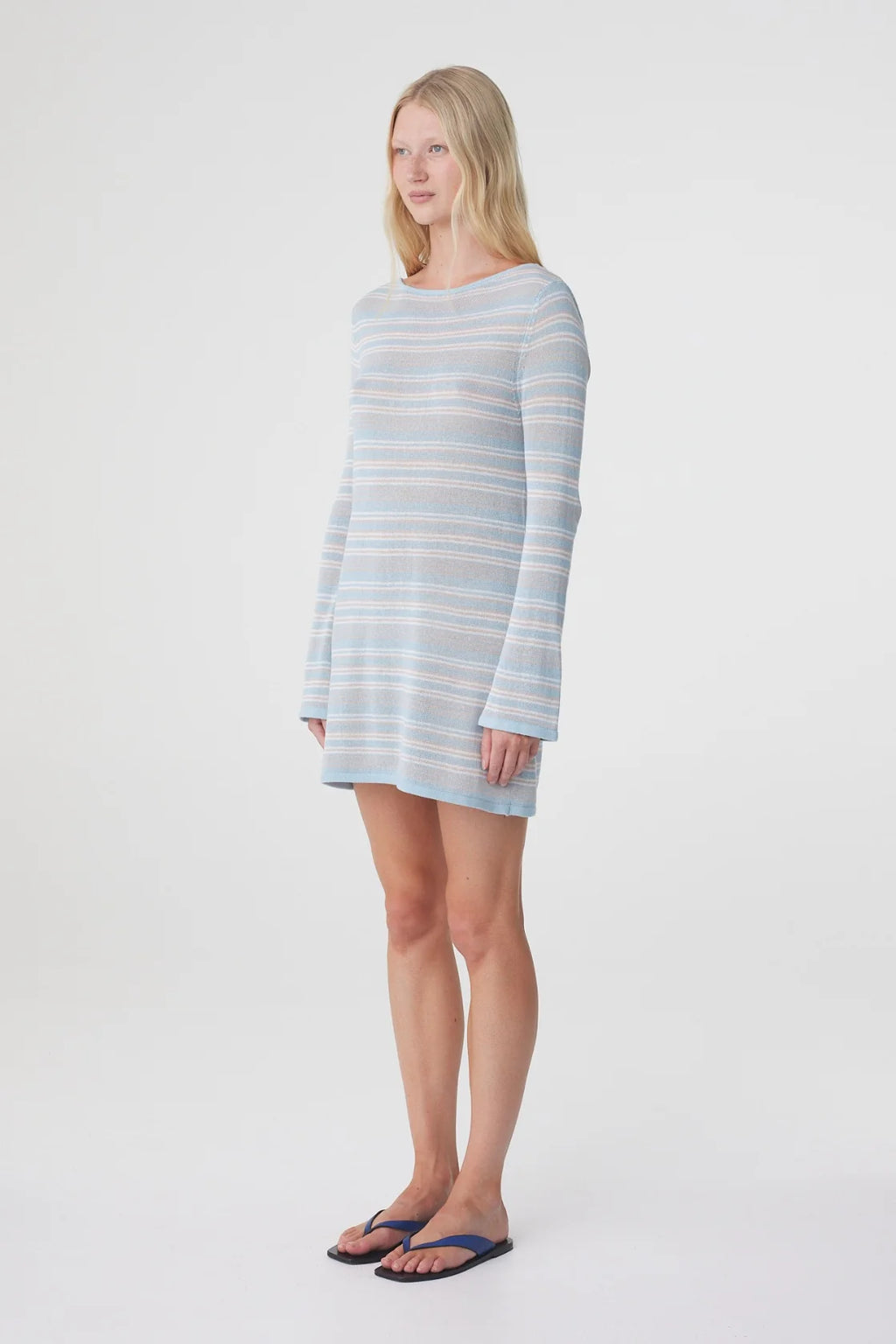 NIA LONG SLEEVE MINI DRESS - DUSK BLUE CREAM STRIPE