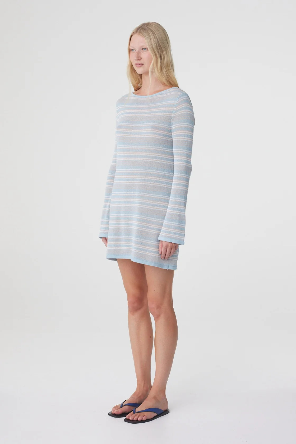 NIA LONG SLEEVE MINI DRESS - DUSK BLUE CREAM STRIPE