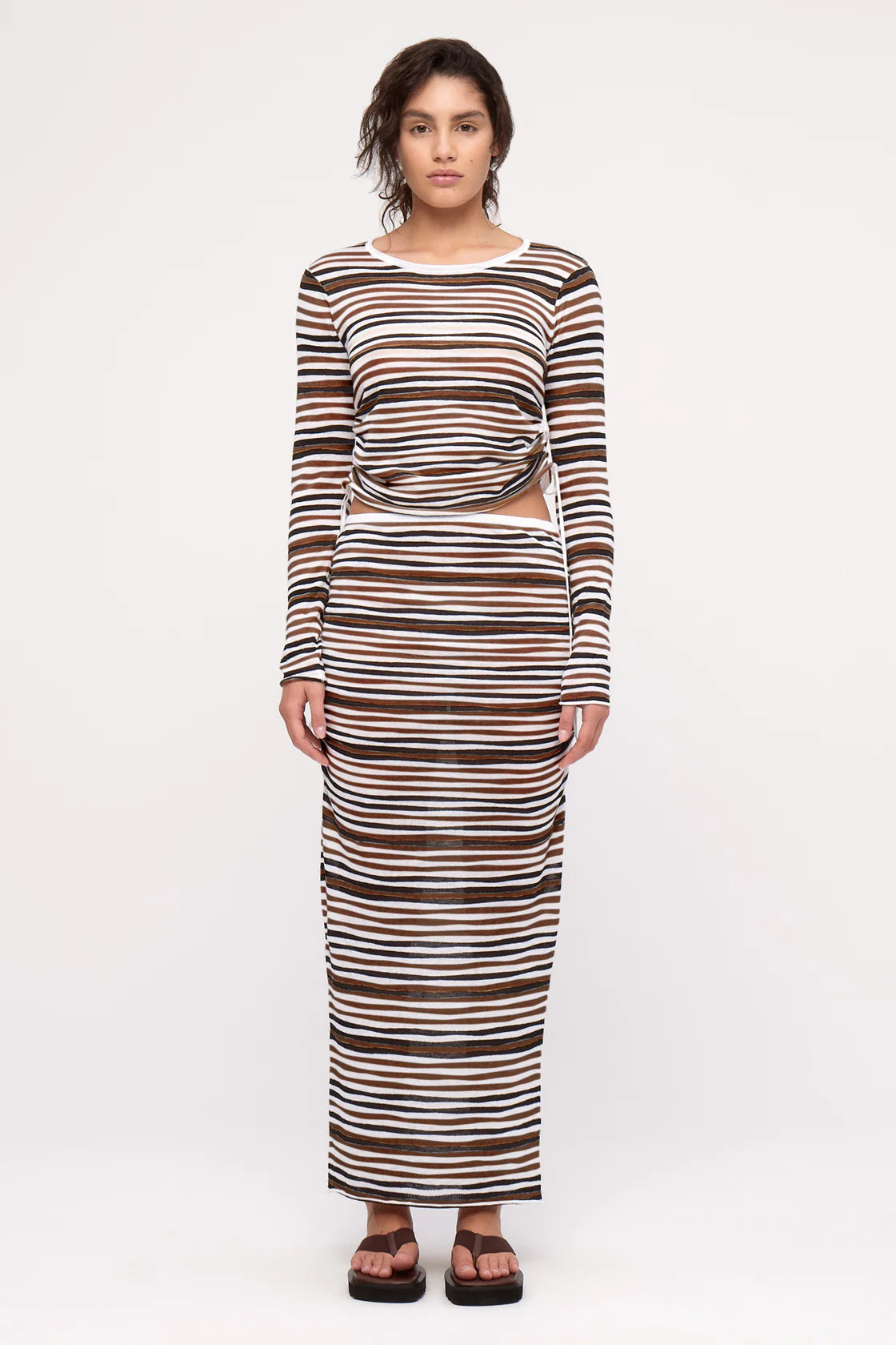 GATHERED LONG SLEEVE KNIT TOP - BLACK STRIPE