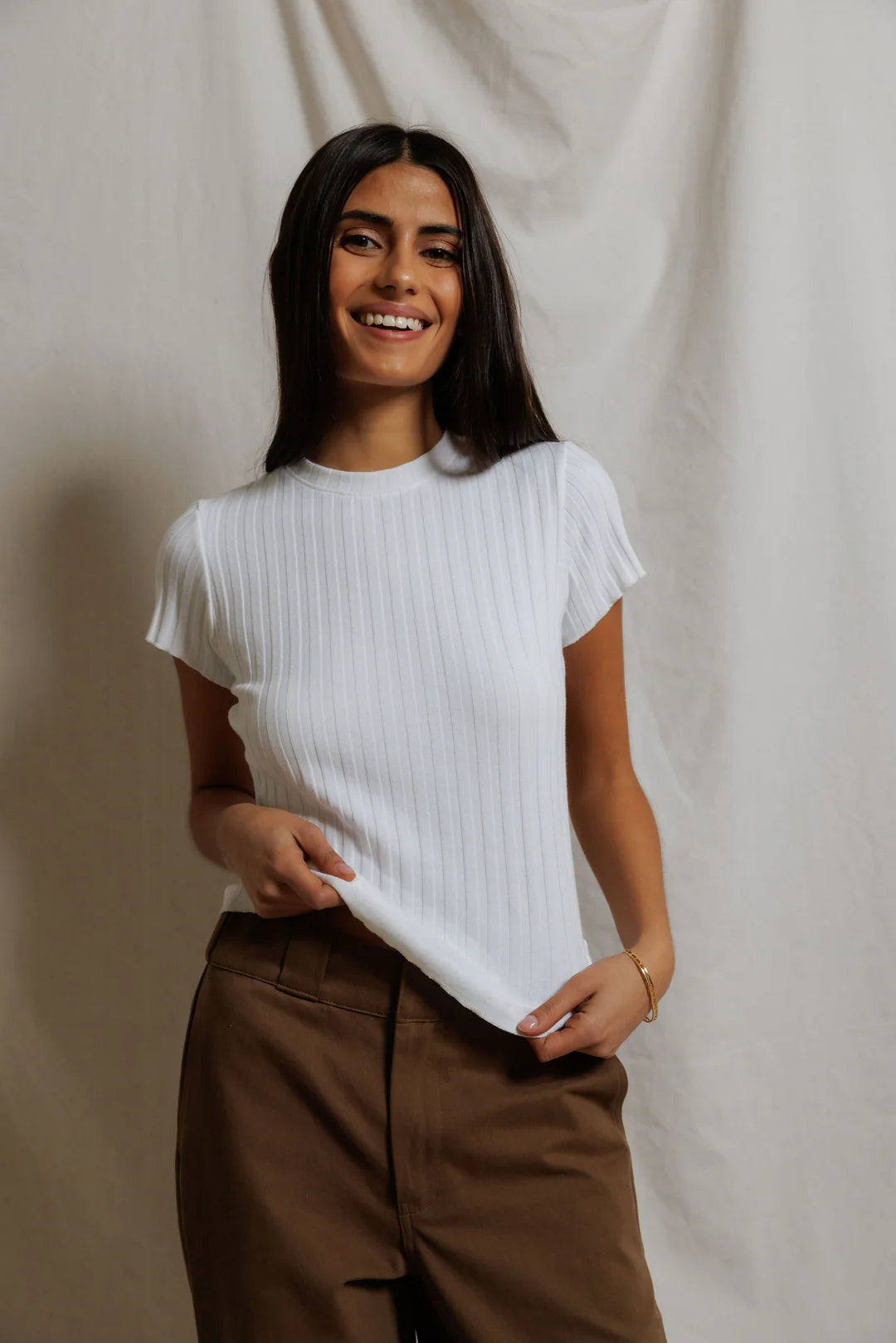 SURI RIB CREWNECK CAP SLEEVE TEE - WHITE