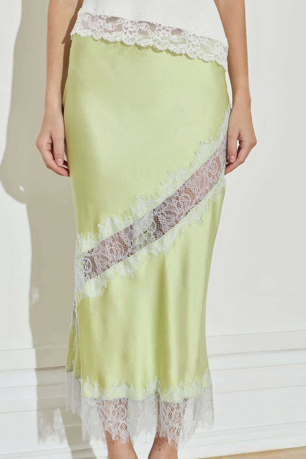 SILK LACE MIDI SKIRT - CHARTREUSE / SEA MOSS