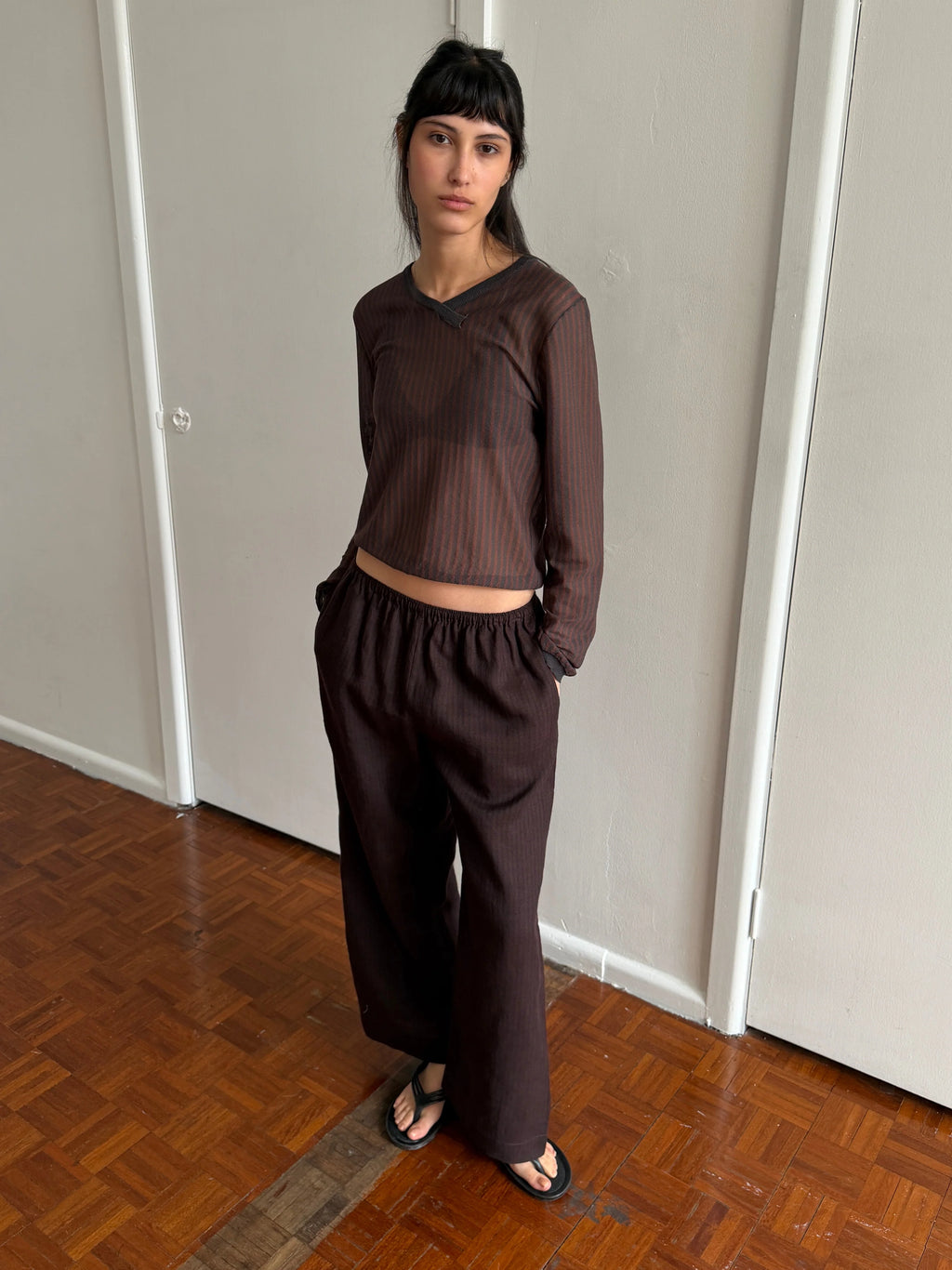 LINEN EASE TROUSER - BROWN BLACK STRIPE
