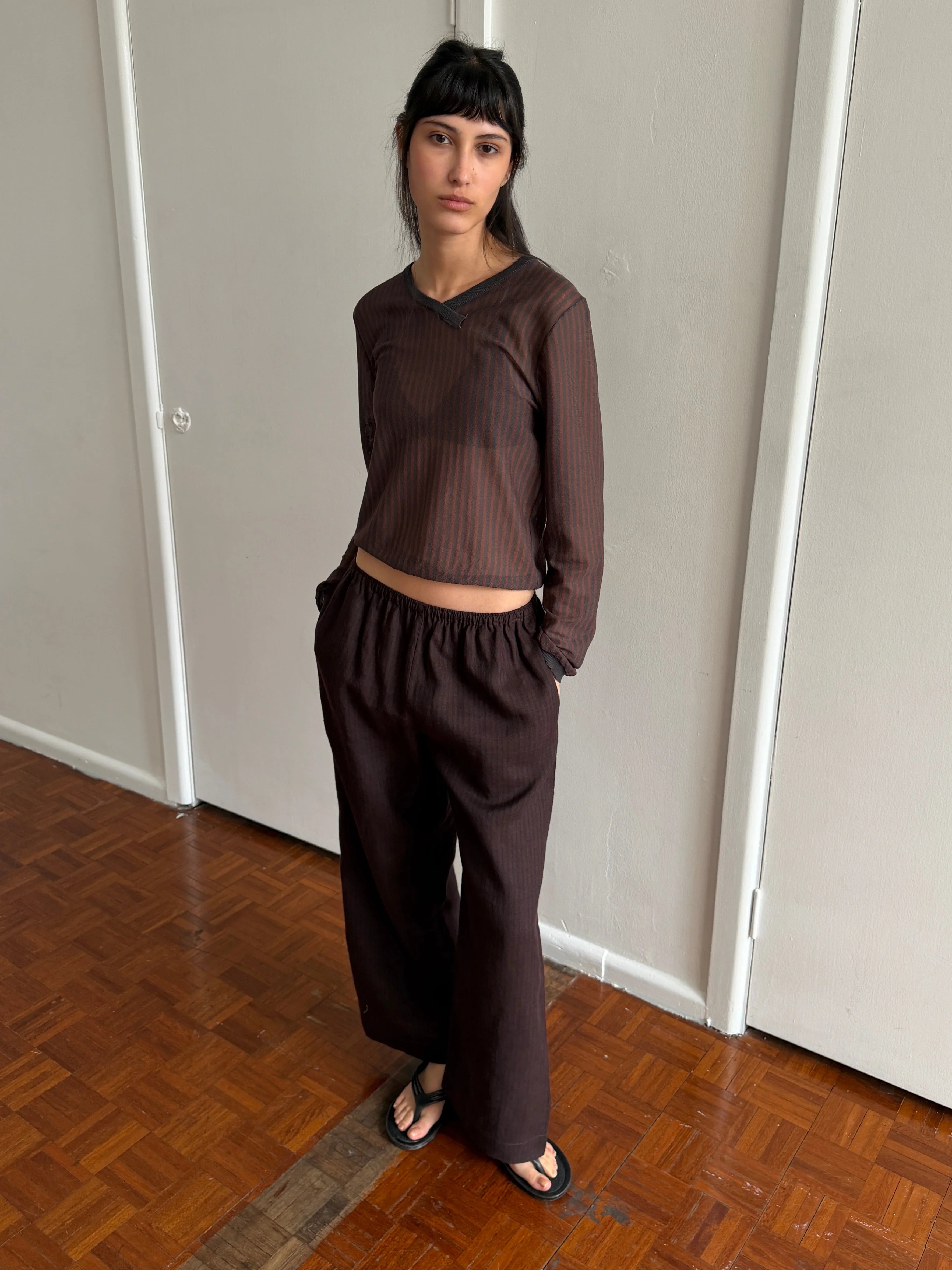 (PRE-ORDER) LINEN EASE TROUSER - BROWN BLACK STRIPE