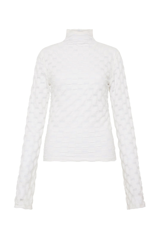 RAISED NECK LONG SLEEVE LACE TOP - WHITE
