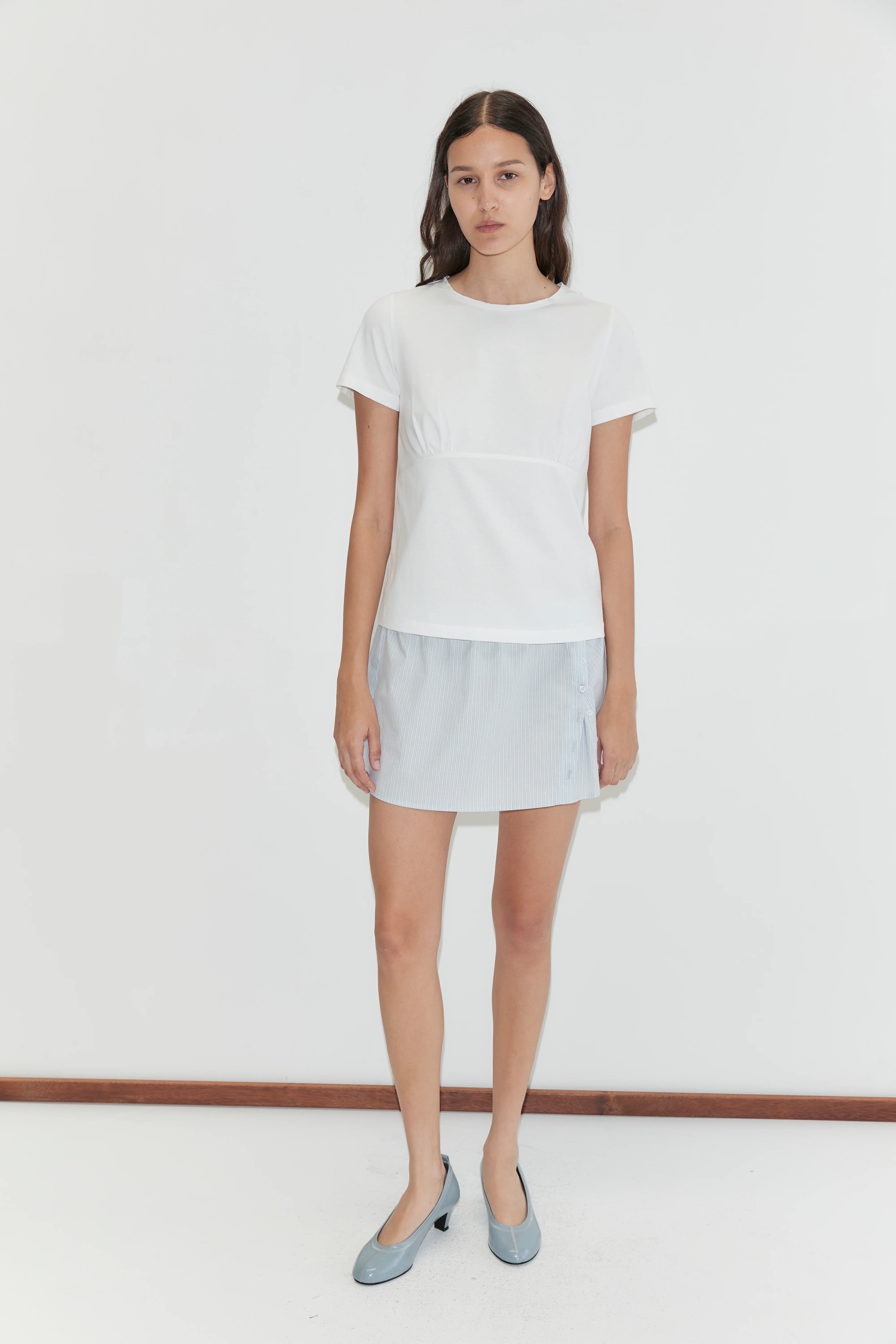 PLEAT SPLIT SKIRT - MIST STRIPE