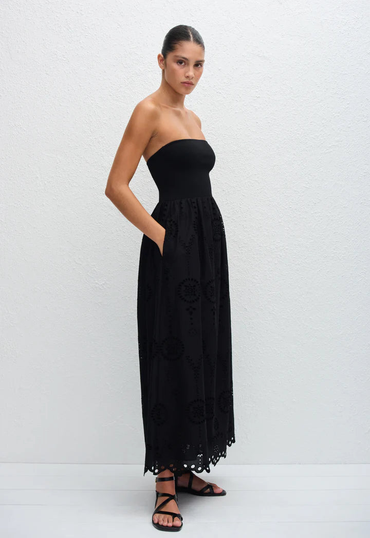 STRAPLESS KNIT AND BRODERIE DRESS - BLACK