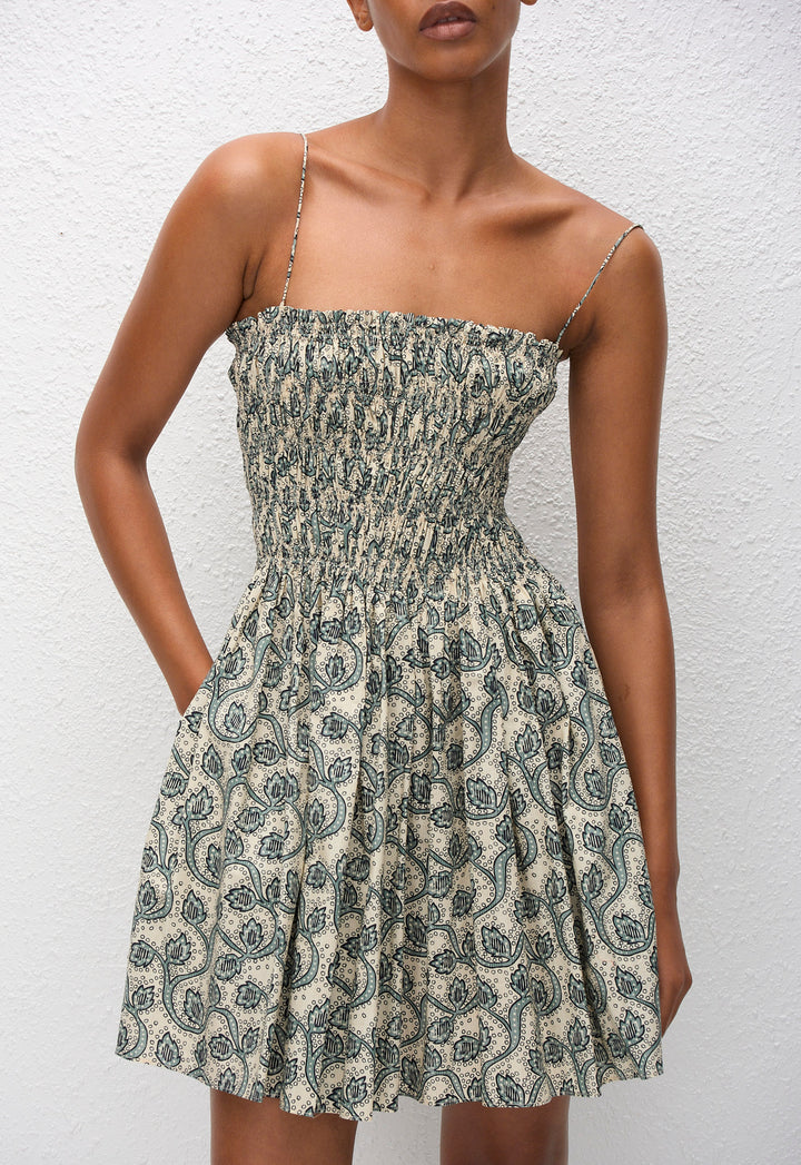 SHIRRED BODICE MINI DRESS - VINE