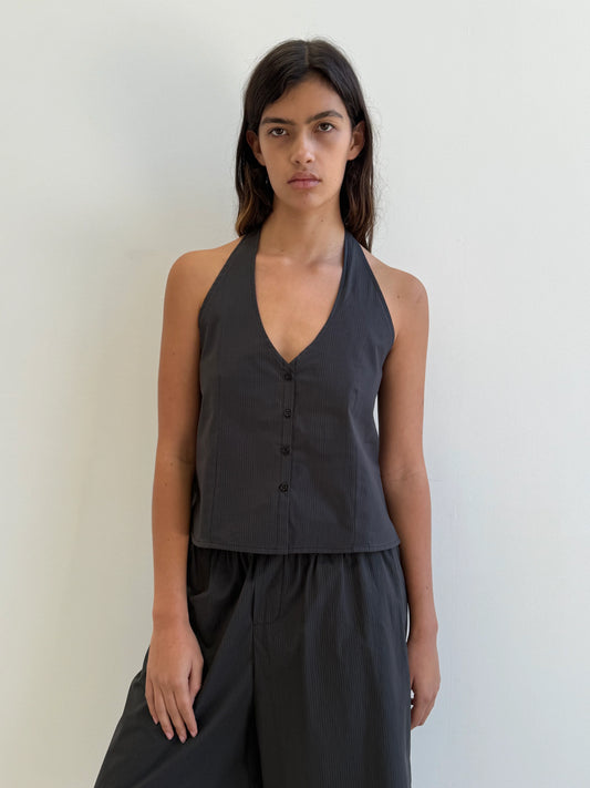 WAIST HALTER TOP - BLACK STRIPE