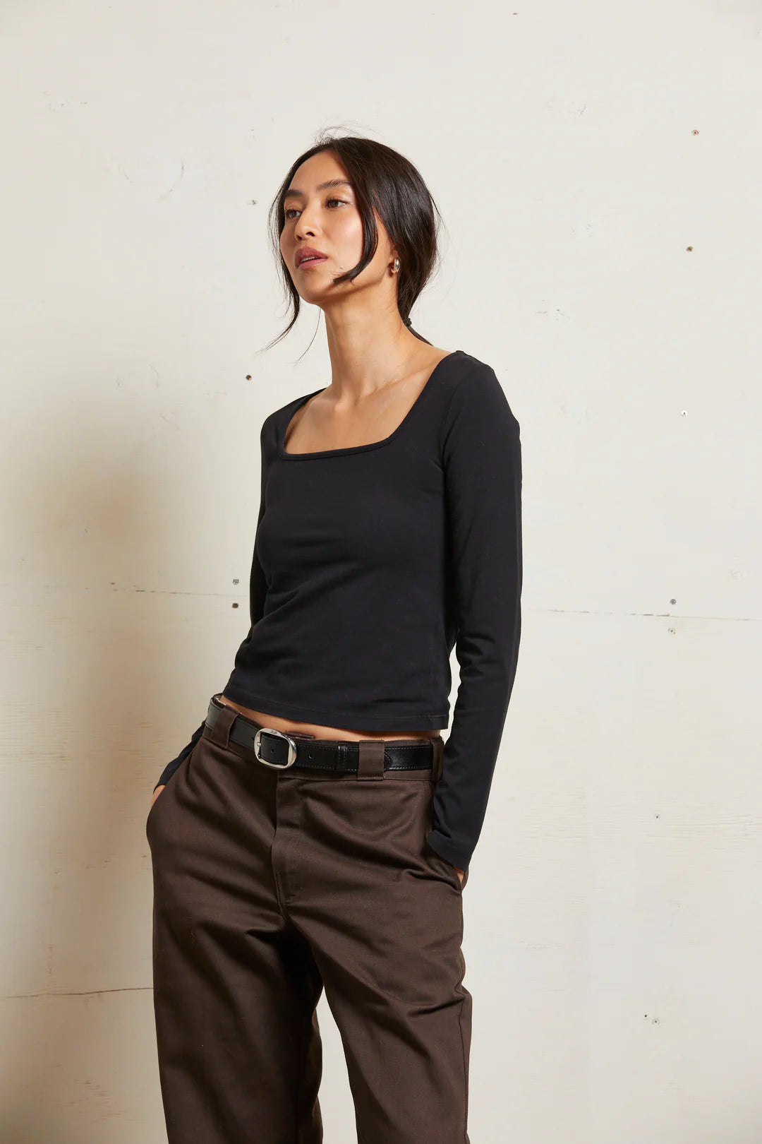 MAEVE 90'S JERSEY LONGSLEEVE TOP - BLACK