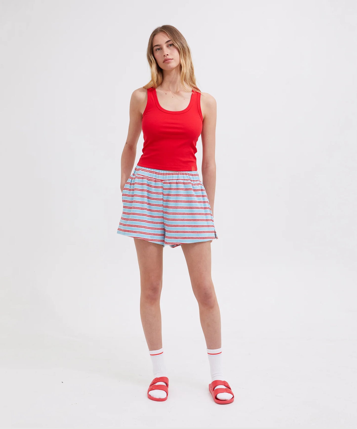 TERRY SHORTS - BLUE/RED STRIPE