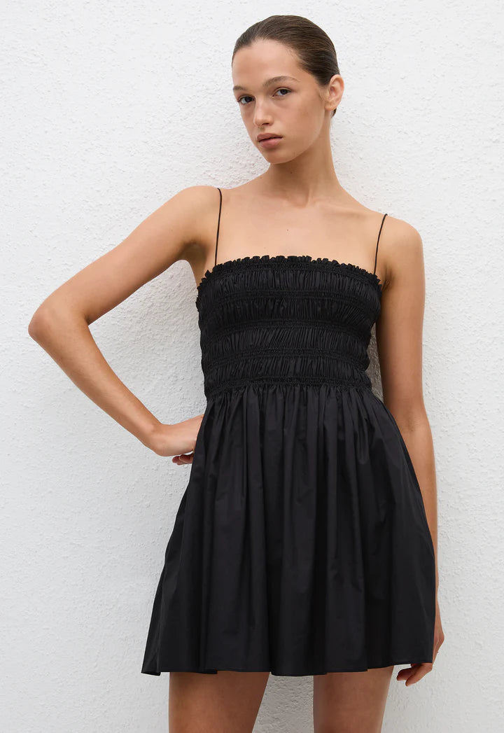 SHIRRED BODICE MINI DRESS - BLACK