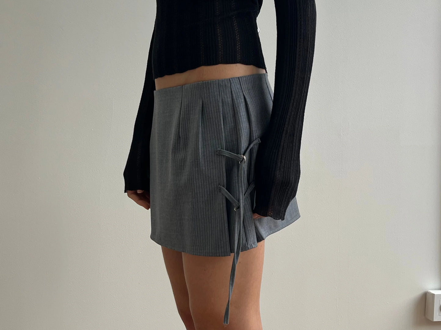TAB TIE SKIRT - GREY BLUE STRIPE