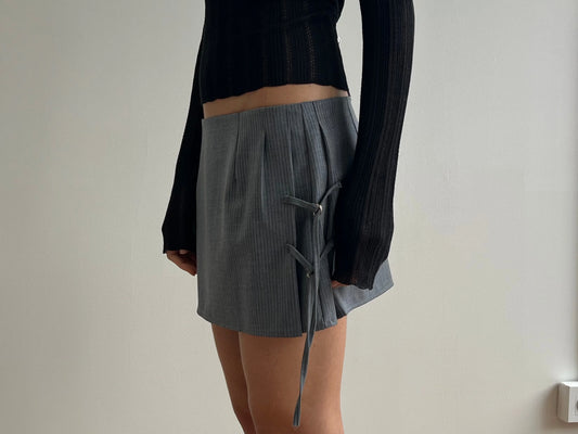 TAB TIE SKIRT - GREY BLUE STRIPE