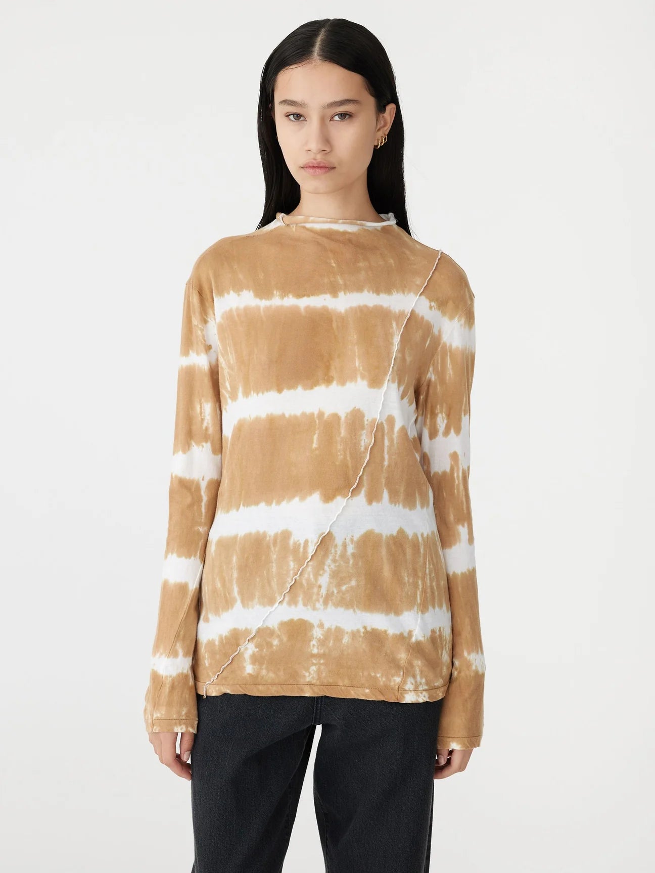 RIPPLE DYE PANELED L/S TSHIRT - DARK TAN/WHITE