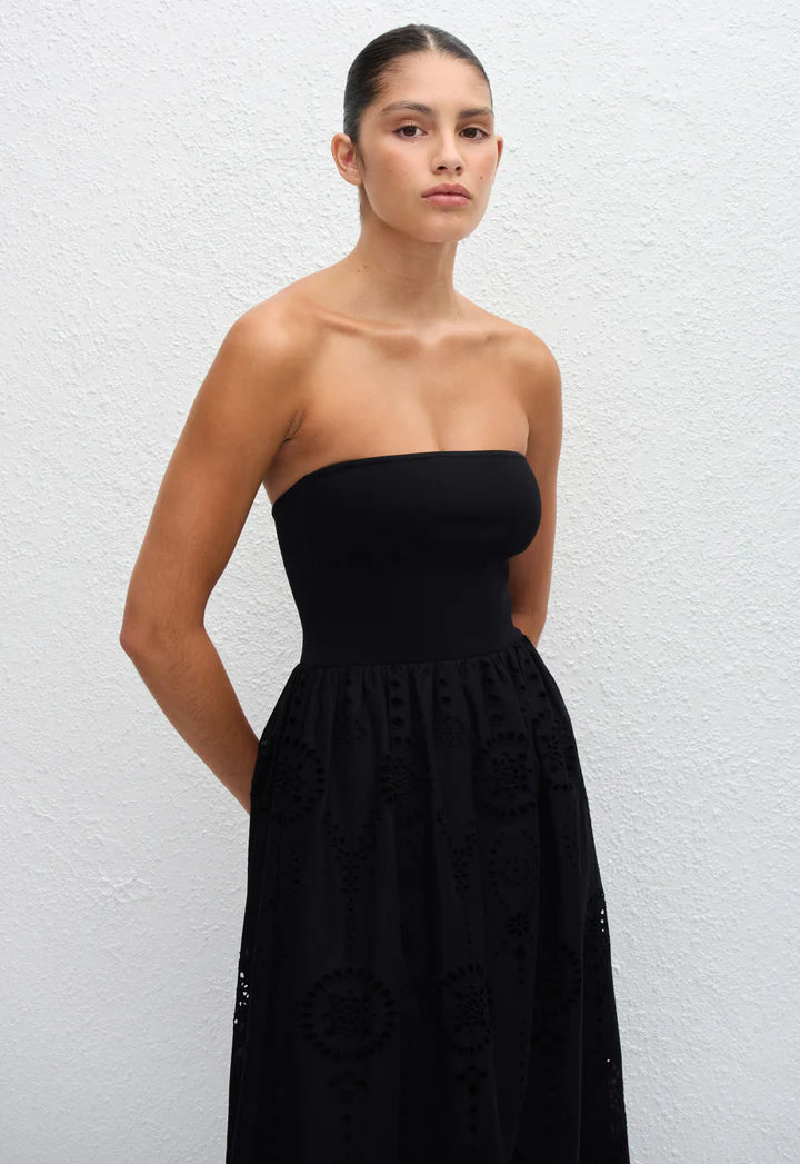 STRAPLESS KNIT AND BRODERIE DRESS - BLACK