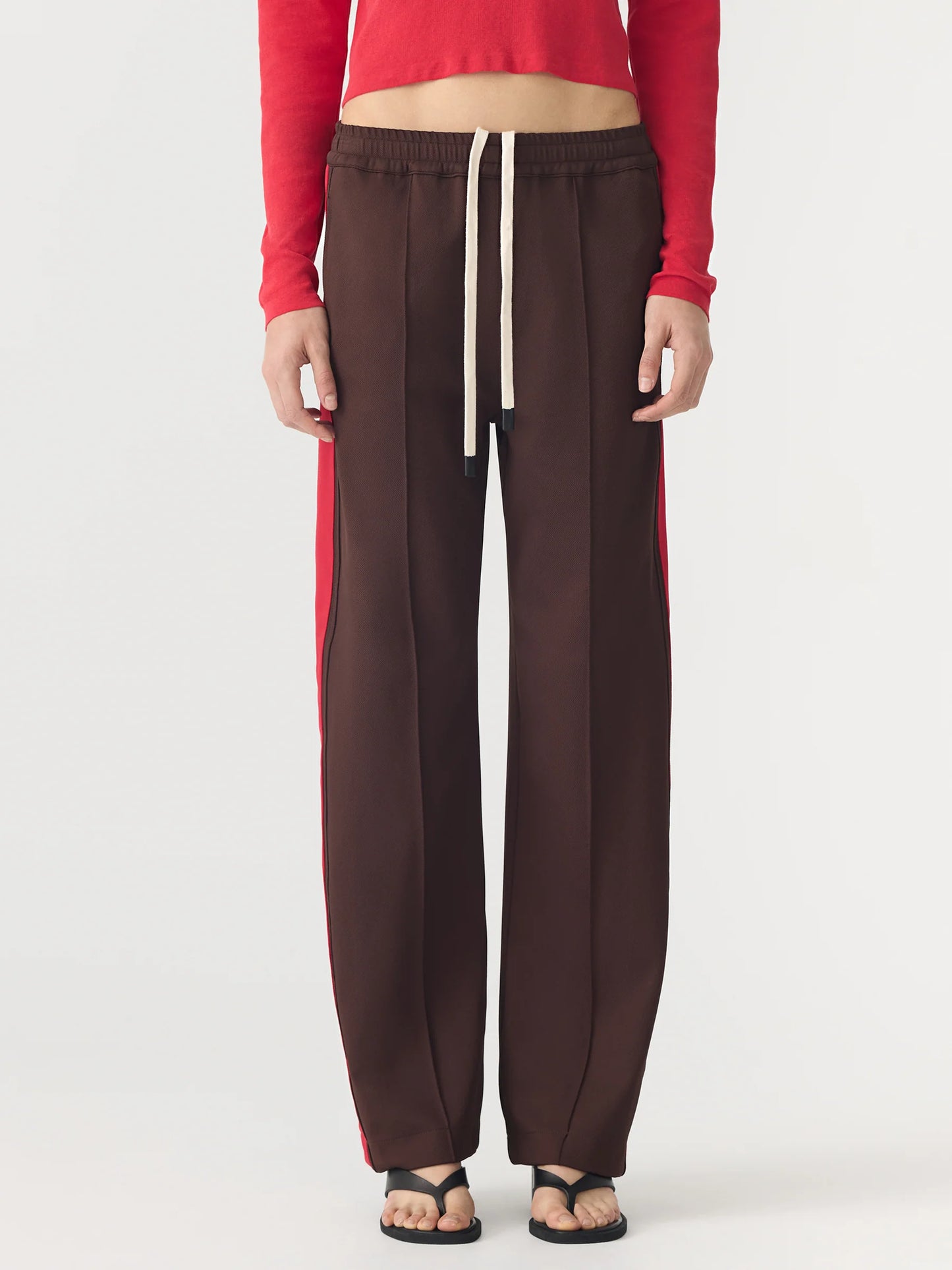 TWILL STRIPE DETAIL PANT - CAROB AND RED