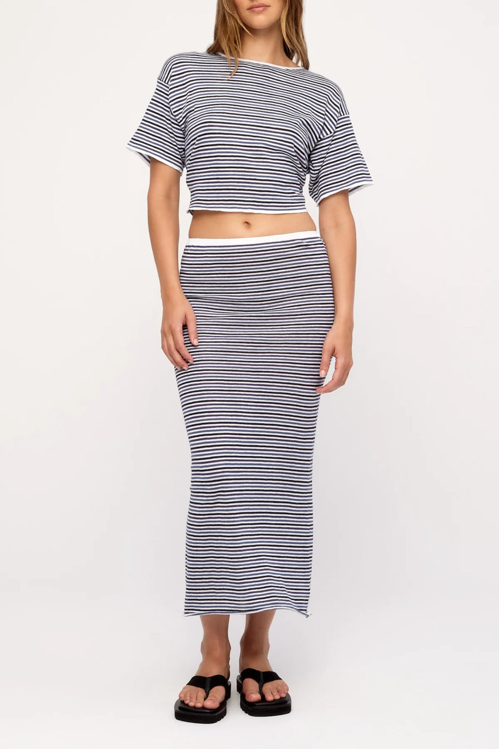 BLUE PIN STRIPE RAMIE COTTON SKIRT - BLUE PIN STRIPE