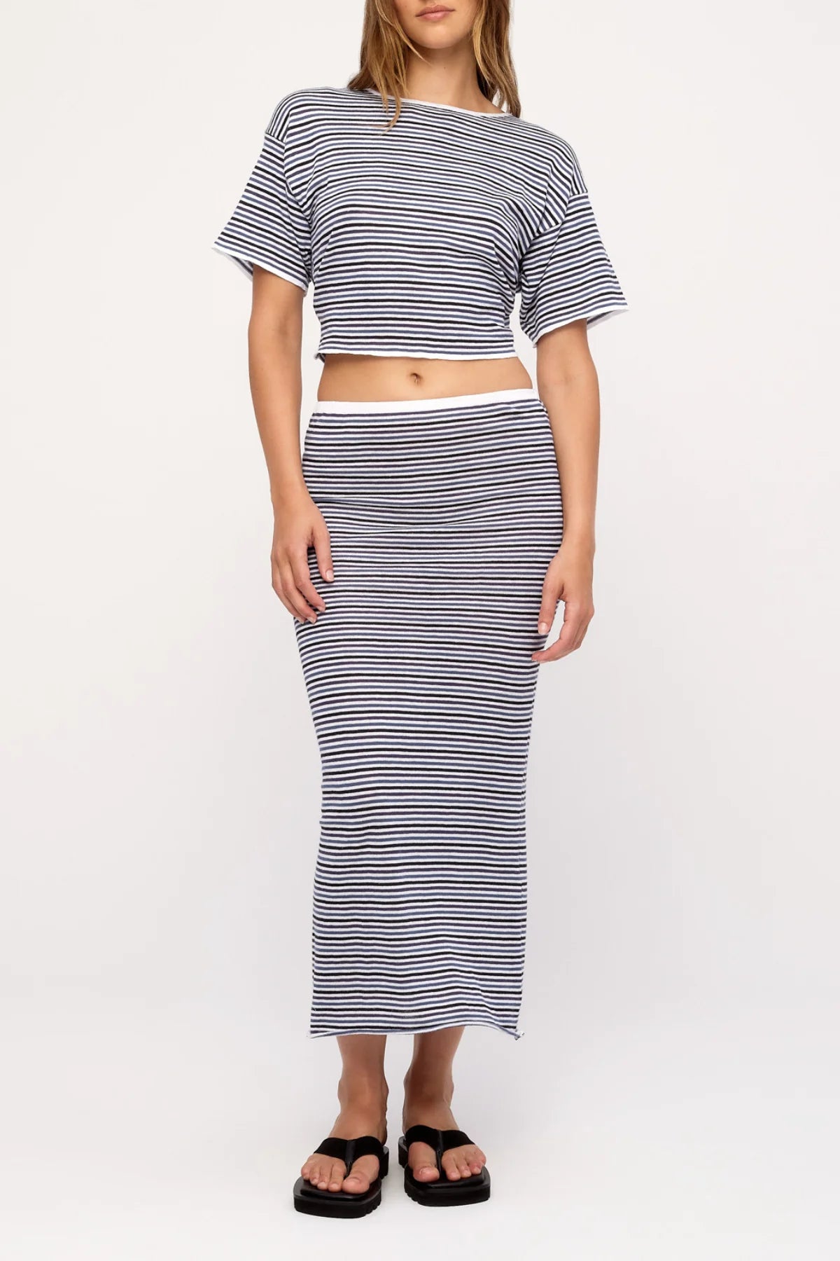 BLUE PIN STRIPE RAMIE COTTON SKIRT - BLUE PIN STRIPE