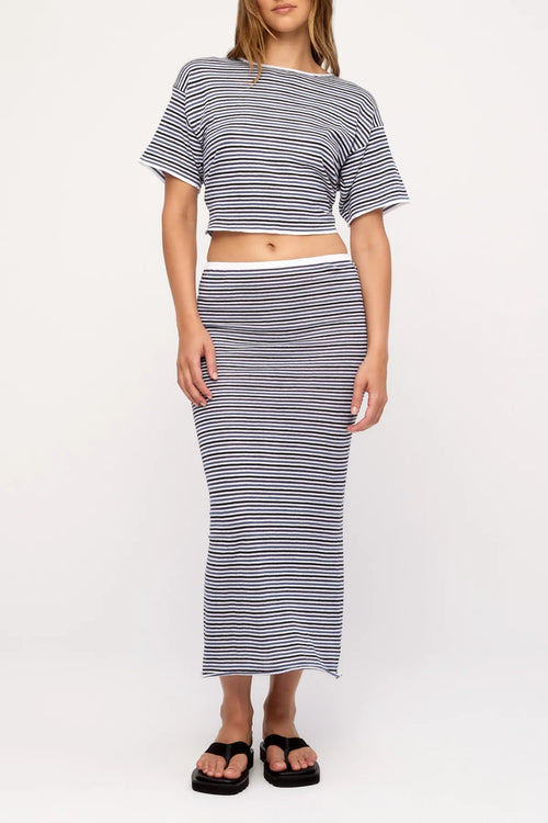 BLUE PIN STRIPE RAMIE COTTON SKIRT - BLUE PIN STRIPE