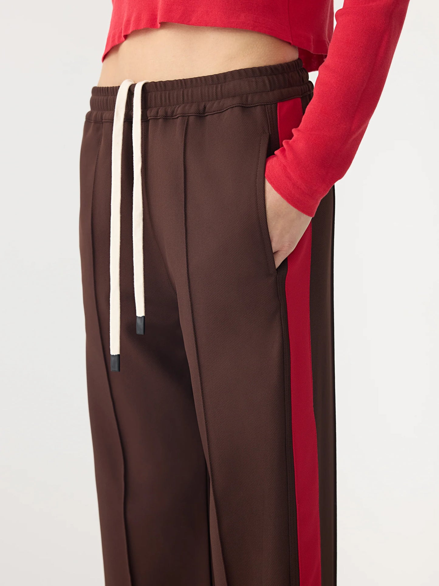 TWILL STRIPE DETAIL PANT - CAROB AND RED