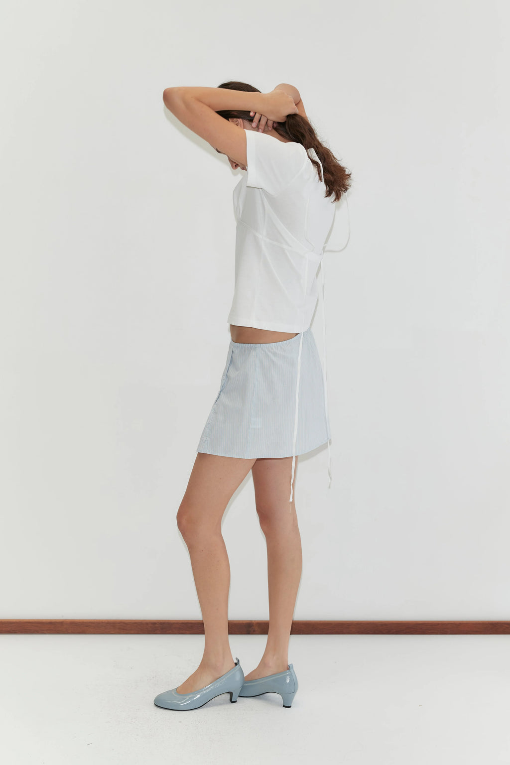PLEAT SPLIT SKIRT - MIST STRIPE
