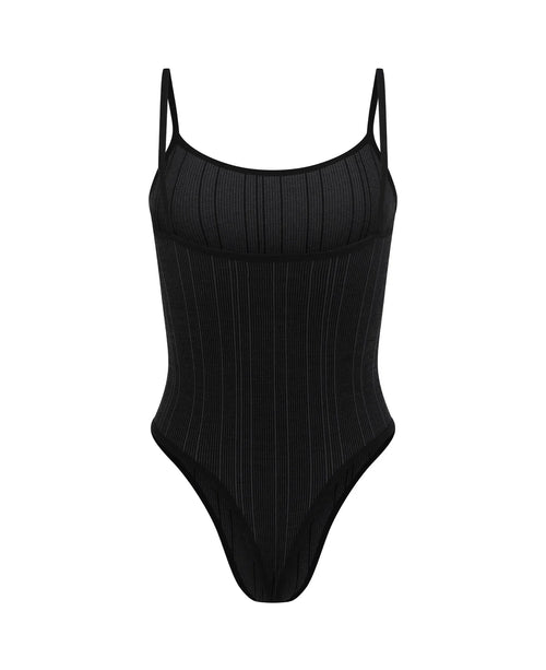 (PRE-ORDER) PINSTRIPE WOOL BODYSUIT - OBSIDIAN