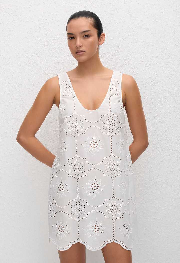 BRODERIE TANK MINI DRESS - WHITE