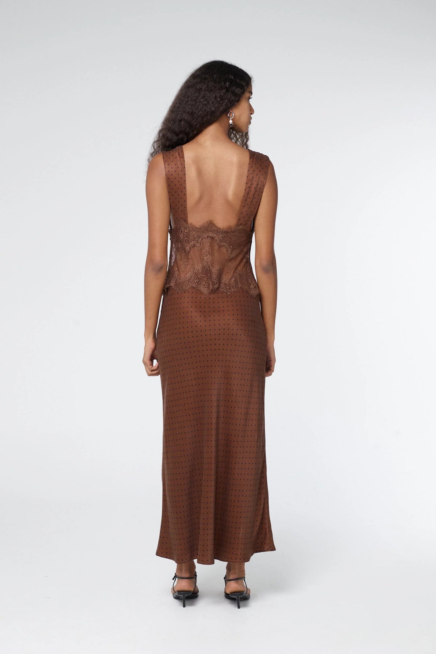 (PRE-ORDER) VISIONS LACE MAXI DRESS - CHOCOLATE POLKA DOT