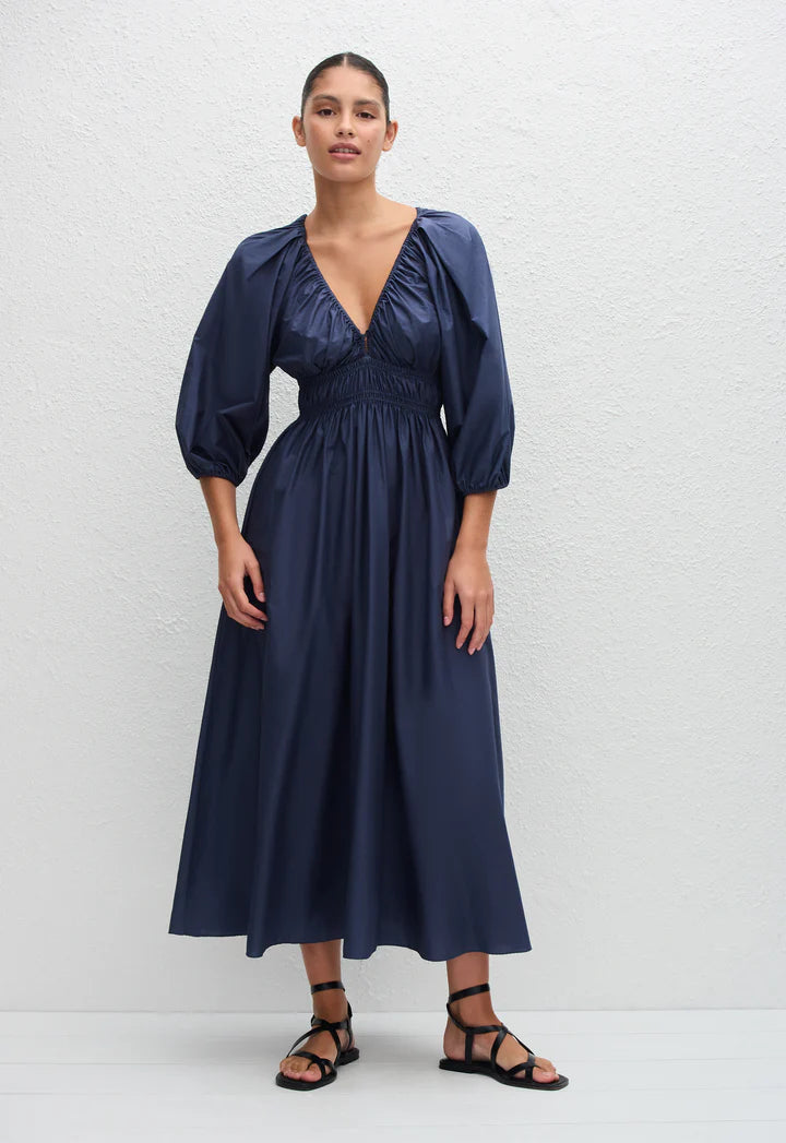 SHIRRED PLUNGE BUTTON DRESS - DUSK