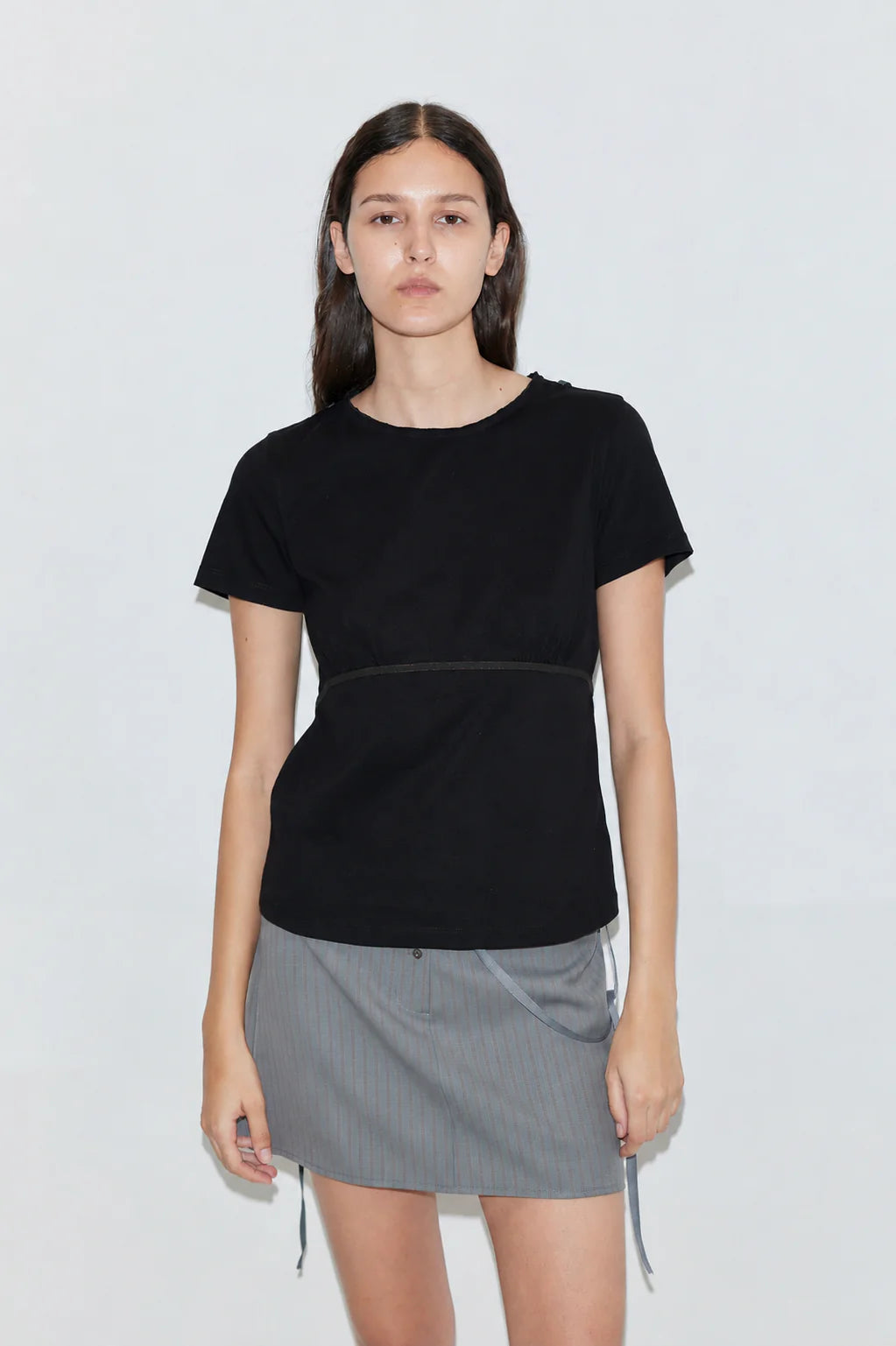 WOOL TIE MINI SKIRT - GREY STRIPE