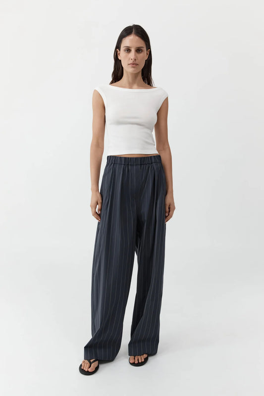 (PRE-ORDER) STRIPE RELAXED PLEAT PANT - INK STRIPE