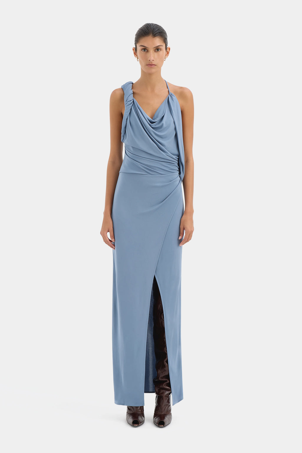 OLENNA TWIST LOW BACK GOWN - DUSTY BLUE